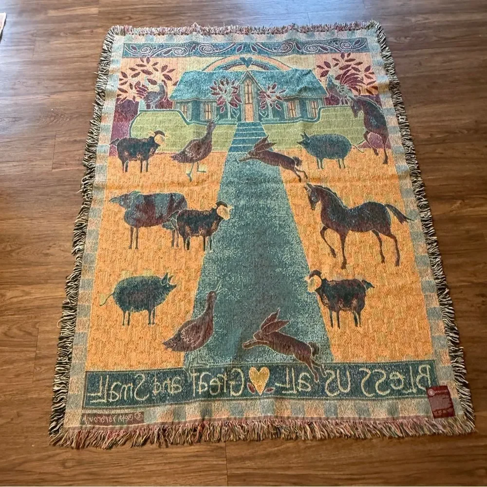 Vintage The Rug Barn Beth Yarbrough Woven Tapestry Blanket Bless Us All